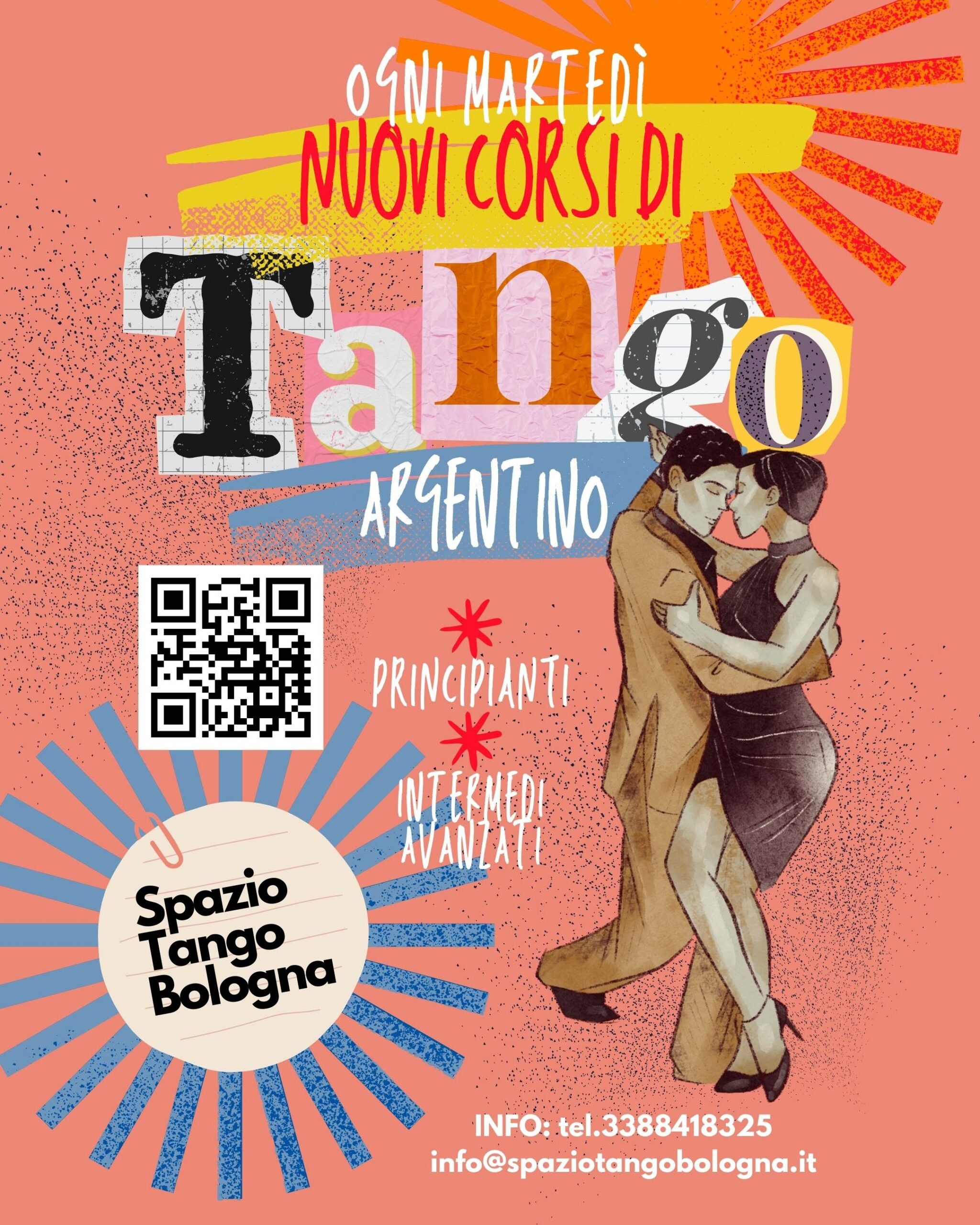 volantino-nuovi-corsi-di-tango-settembre-2025 Volantino dei nuovi corsi proposti da Spazio Tango Bologna a partire da settembre 2025. Rappresentazione di una coppia uomo-donna che balla il tango. Sfondo color salmone e scritte colorate.